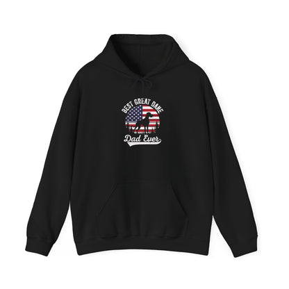 Black Best Great Dane Dad Ever hoodie with retro flag sunset and dog silhouette