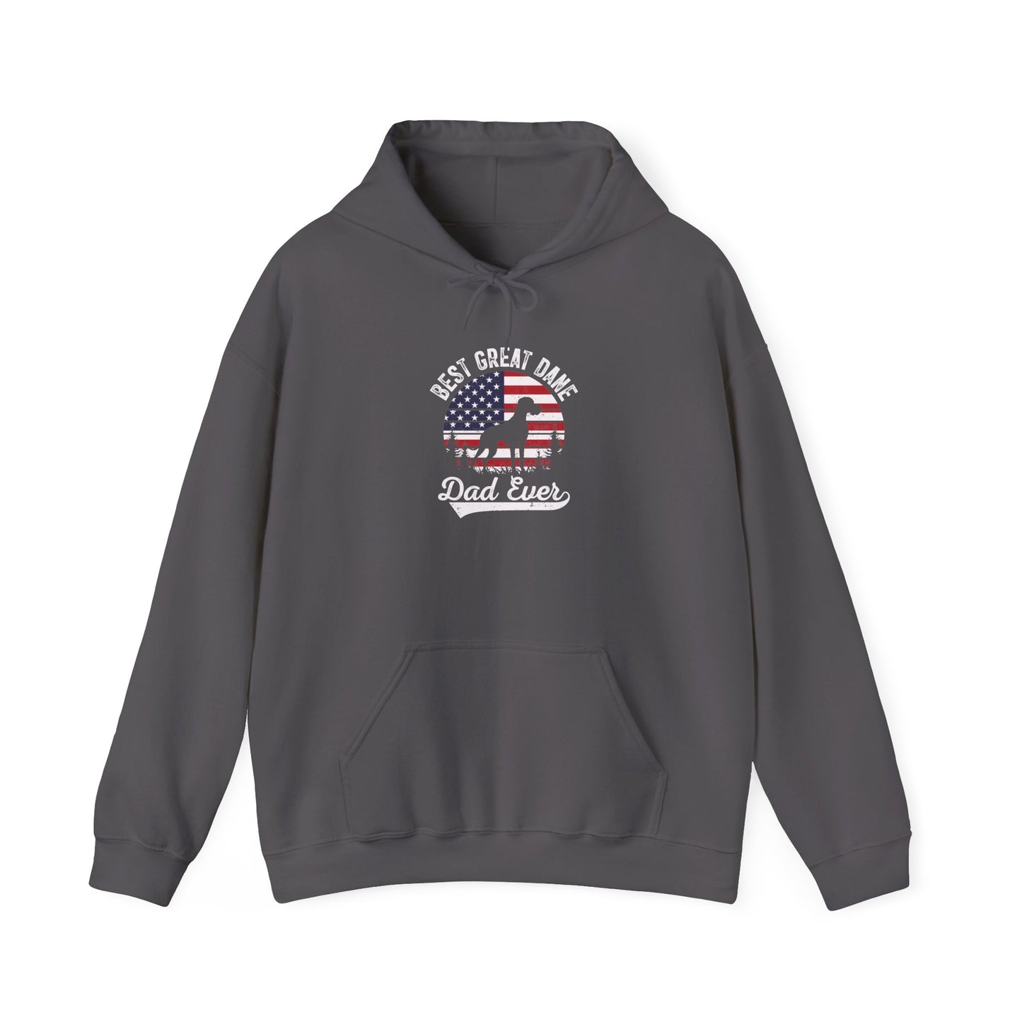 Charcoal Best Great Dane Dad Ever hoodie with retro flag sunset and dog silhouette