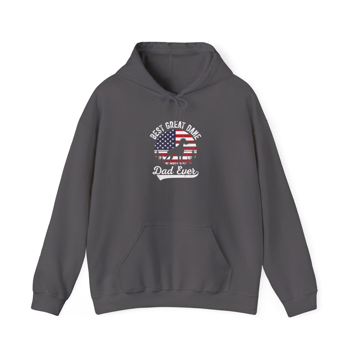 Charcoal Best Great Dane Dad Ever hoodie with retro flag sunset and dog silhouette