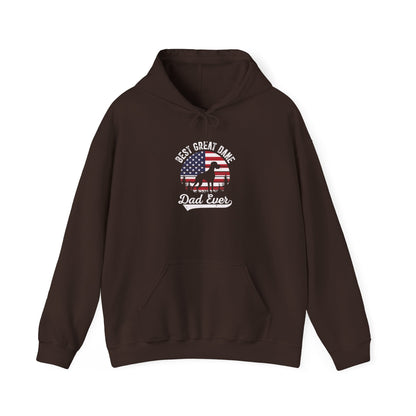 Dark chocolate Best Great Dane Dad Ever hoodie with retro flag sunset and dog silhouette
