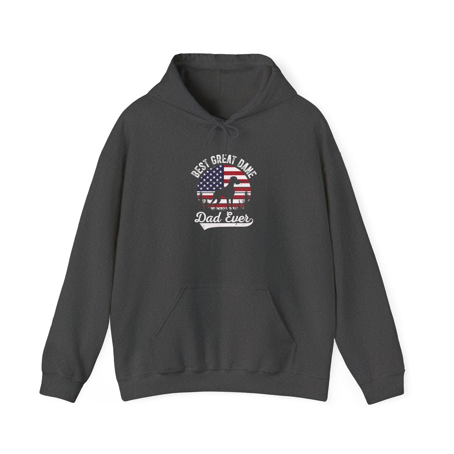 Dark heather Best Great Dane Dad Ever hoodie with retro flag sunset and dog silhouette
