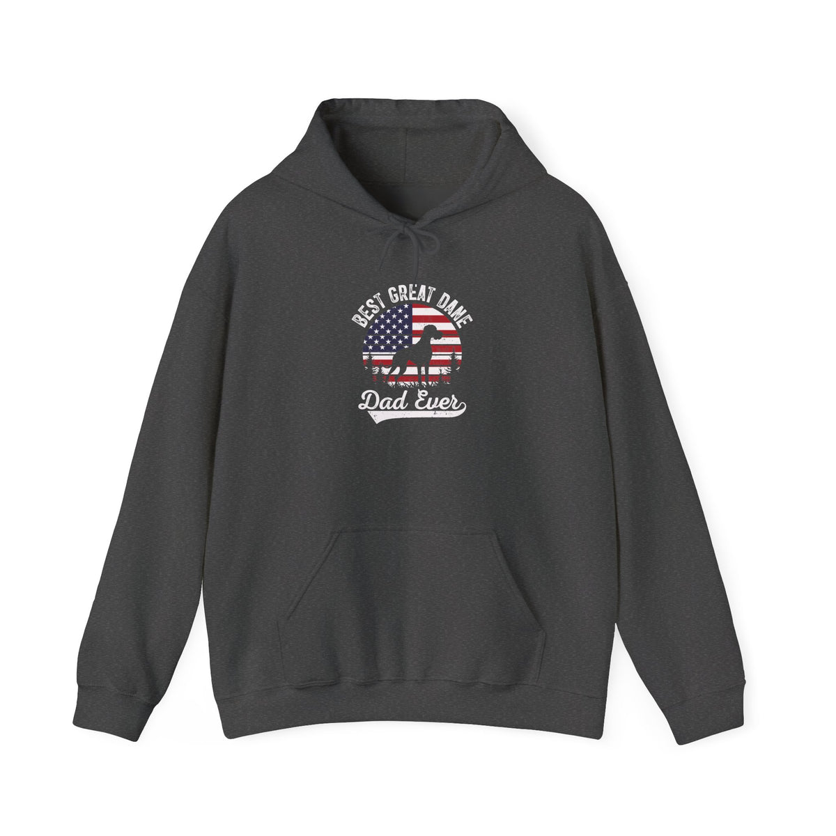 Dark Heather Best Great Dane Dad Ever retro flag hoodie, front view