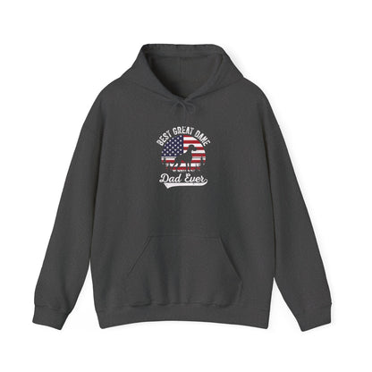 Dark heather Best Great Dane Dad Ever hoodie with retro flag sunset and dog silhouette