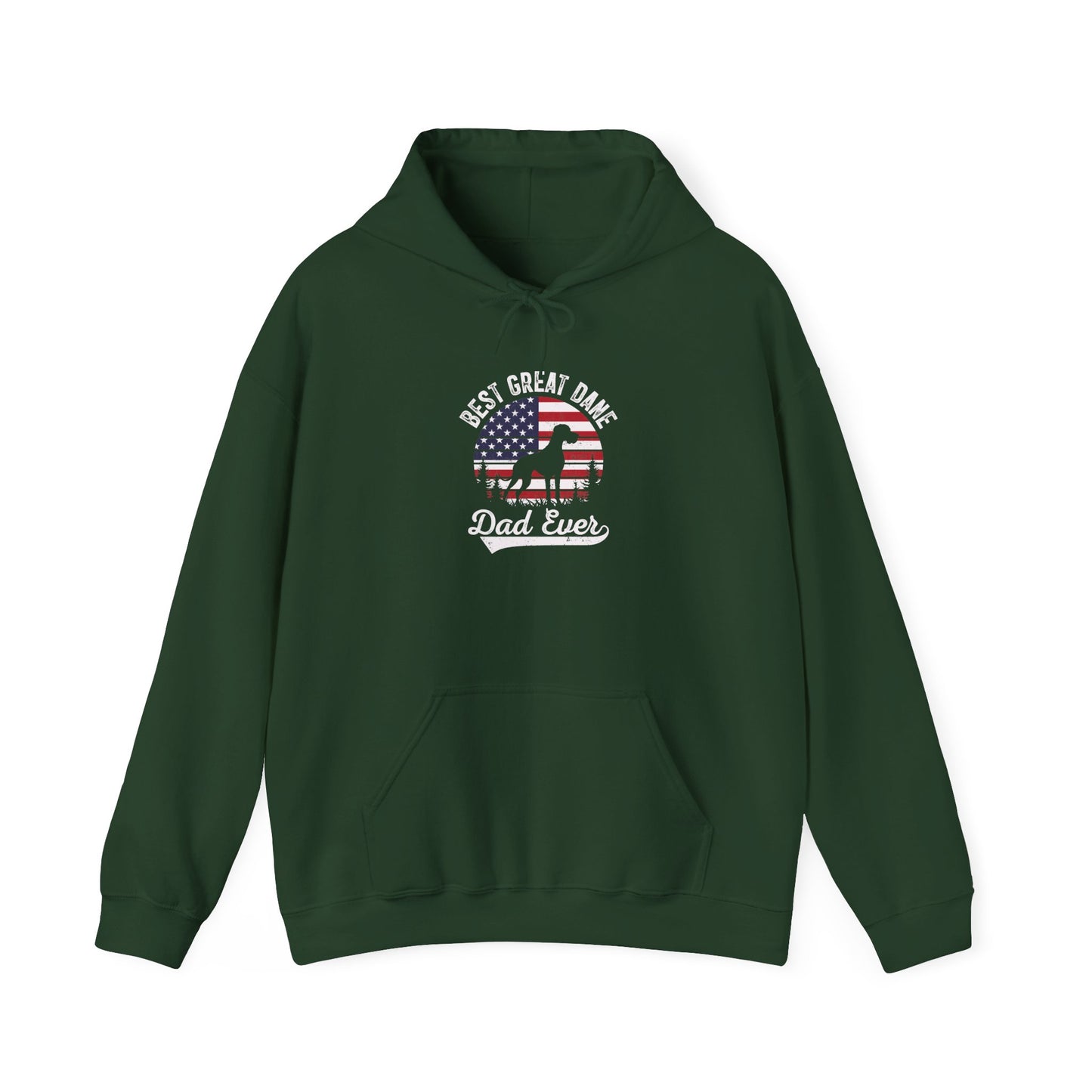 Forest green Best Great Dane Dad Ever hoodie with retro flag sunset and dog silhouette