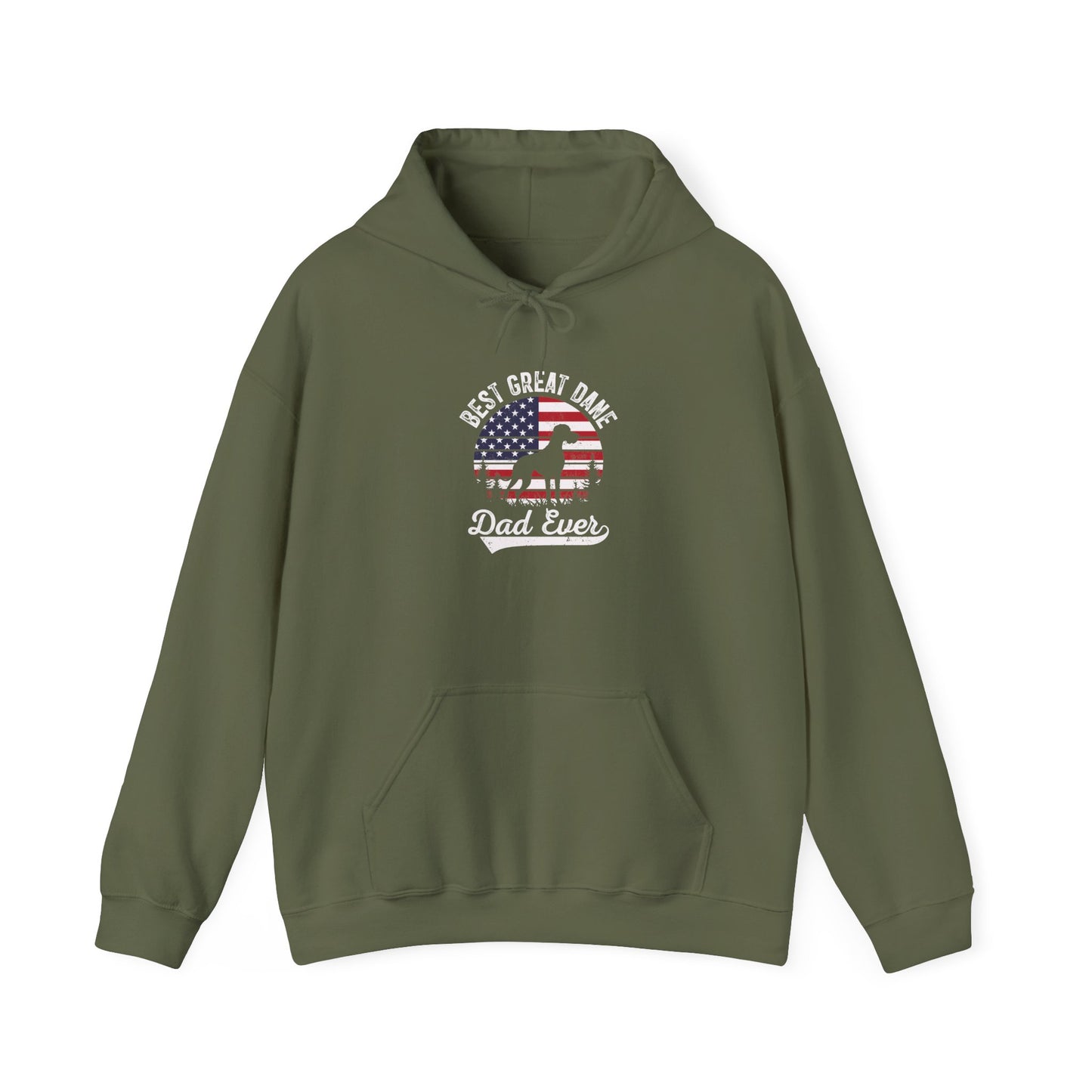 Military green Best Great Dane Dad Ever hoodie with retro flag sunset and dog silhouette