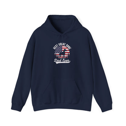 Navy Best Great Dane Dad Ever hoodie with retro flag sunset and dog silhouette