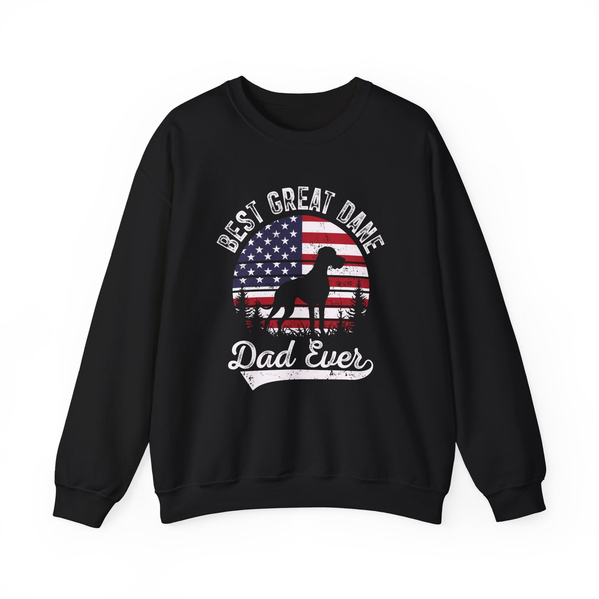 Black Best Great Dane Dad Ever sweatshirt with retro flag sunset and dog silhouette