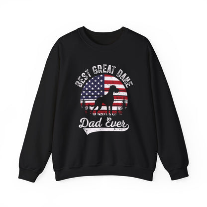 Black Best Great Dane Dad Ever sweatshirt with retro flag sunset and dog silhouette