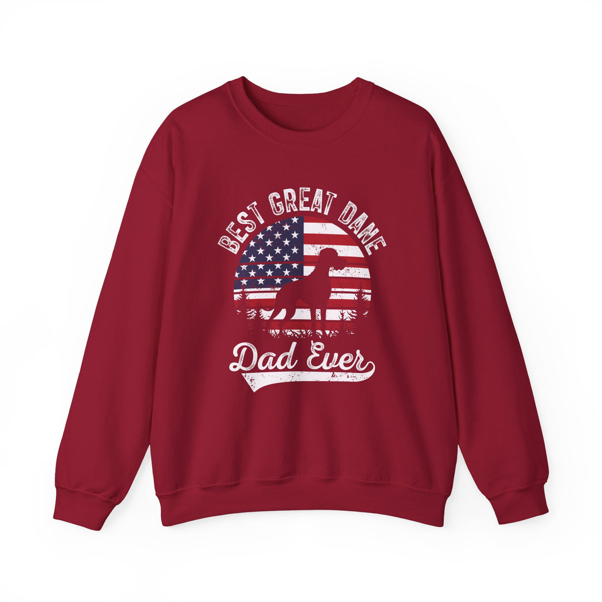 Cardinal red Best Great Dane Dad Ever sweatshirt with retro flag sunset and dog silhouette