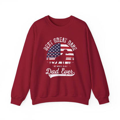 Cardinal red Best Great Dane Dad Ever sweatshirt with retro flag sunset and dog silhouette