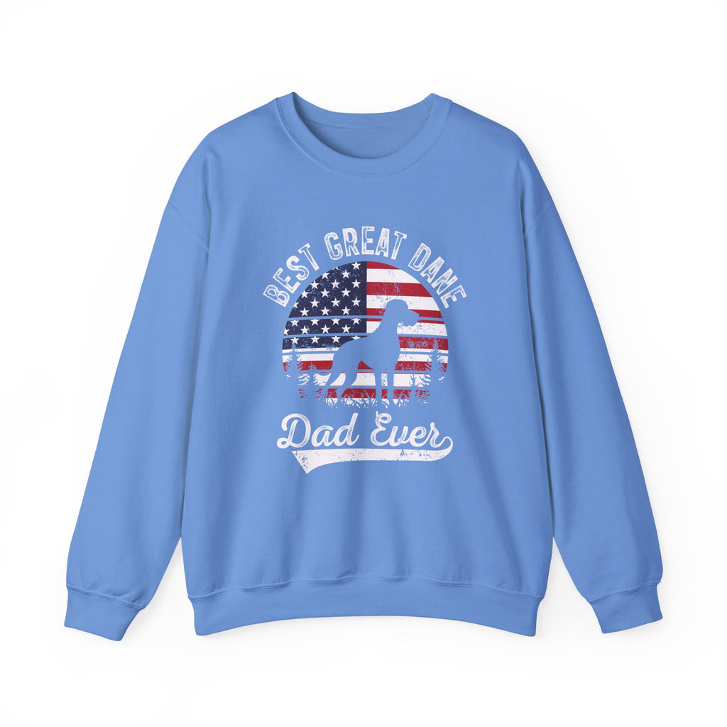 Carolina blue Best Great Dane Dad Ever sweatshirt with retro flag sunset and dog silhouette