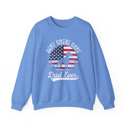 Carolina blue Best Great Dane Dad Ever sweatshirt with retro flag sunset and dog silhouette