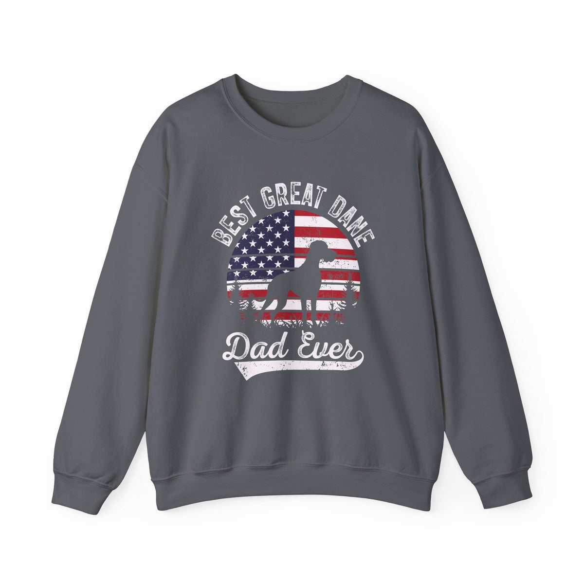 Charcoal Best Great Dane Dad Ever sweatshirt with retro flag sunset and dog silhouette