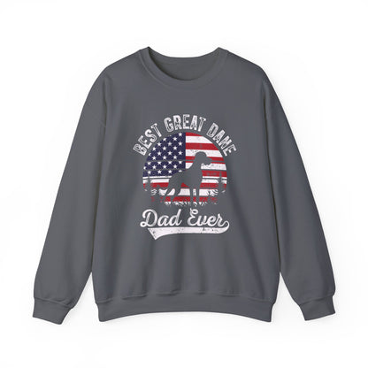 Charcoal Best Great Dane Dad Ever sweatshirt with retro flag sunset and dog silhouette