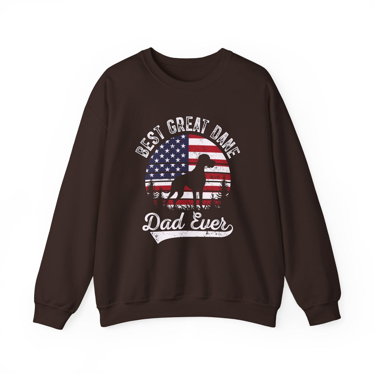 Dark chocolate Best Great Dane Dad Ever sweatshirt with retro flag sunset and dog silhouette