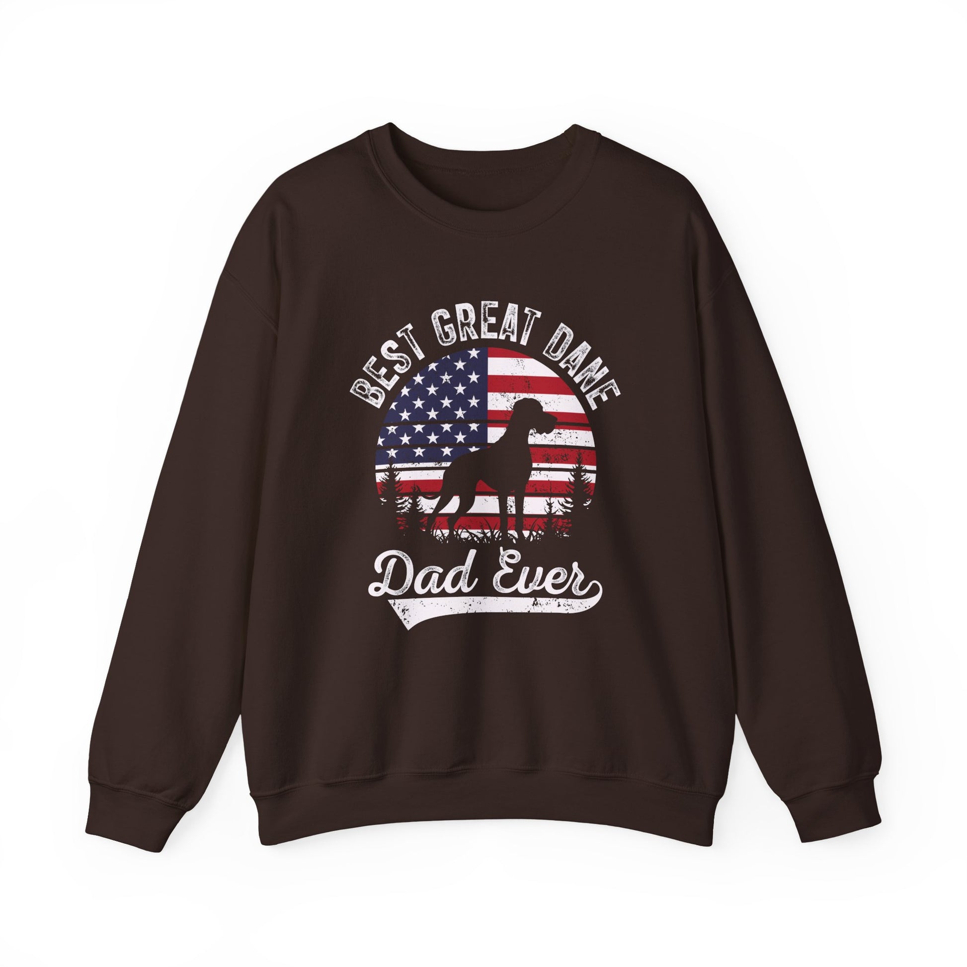Dark chocolate Best Great Dane Dad Ever sweatshirt with retro flag sunset and dog silhouette
