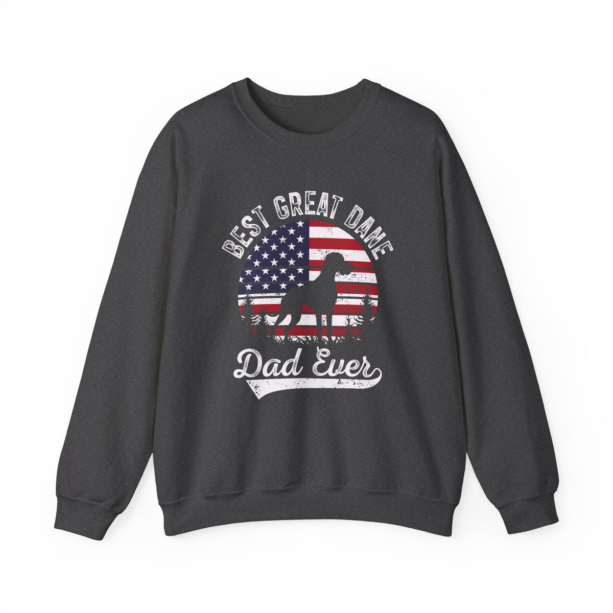Dark heather Best Great Dane Dad Ever sweatshirt with retro flag sunset and dog silhouette