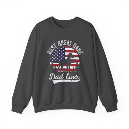 Dark heather Best Great Dane Dad Ever sweatshirt with retro flag sunset and dog silhouette