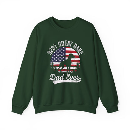 Forest green Best Great Dane Dad Ever sweatshirt with retro flag sunset and dog silhouette
