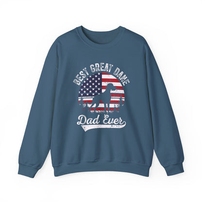 Indigo blue Best Great Dane Dad Ever sweatshirt with retro flag sunset and dog silhouette