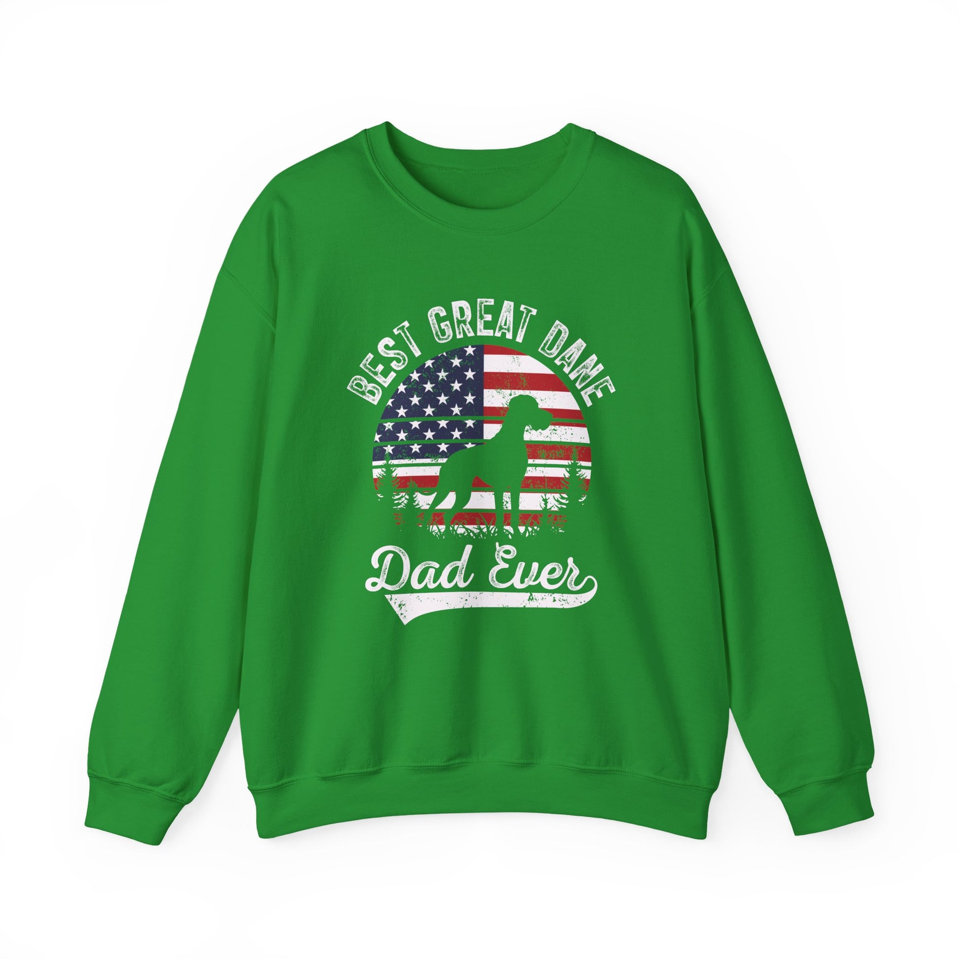 Irish green Best Great Dane Dad Ever sweatshirt with retro American flag sunset and dog silhouette