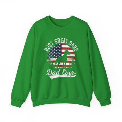 Irish green Best Great Dane Dad Ever sweatshirt with retro American flag sunset and dog silhouette