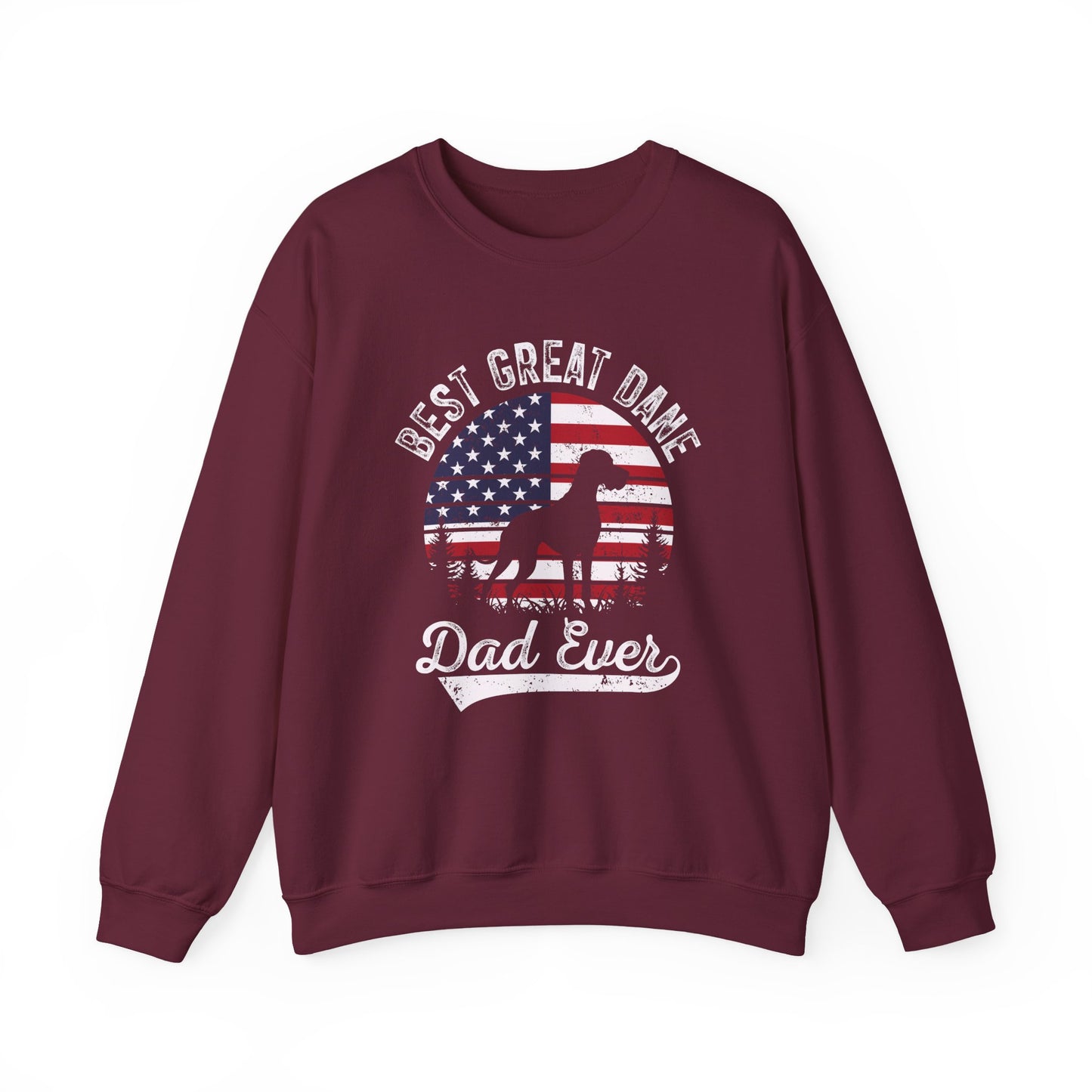 Maroon Best Great Dane Dad Ever sweatshirt with retro flag sunset and dog silhouette
