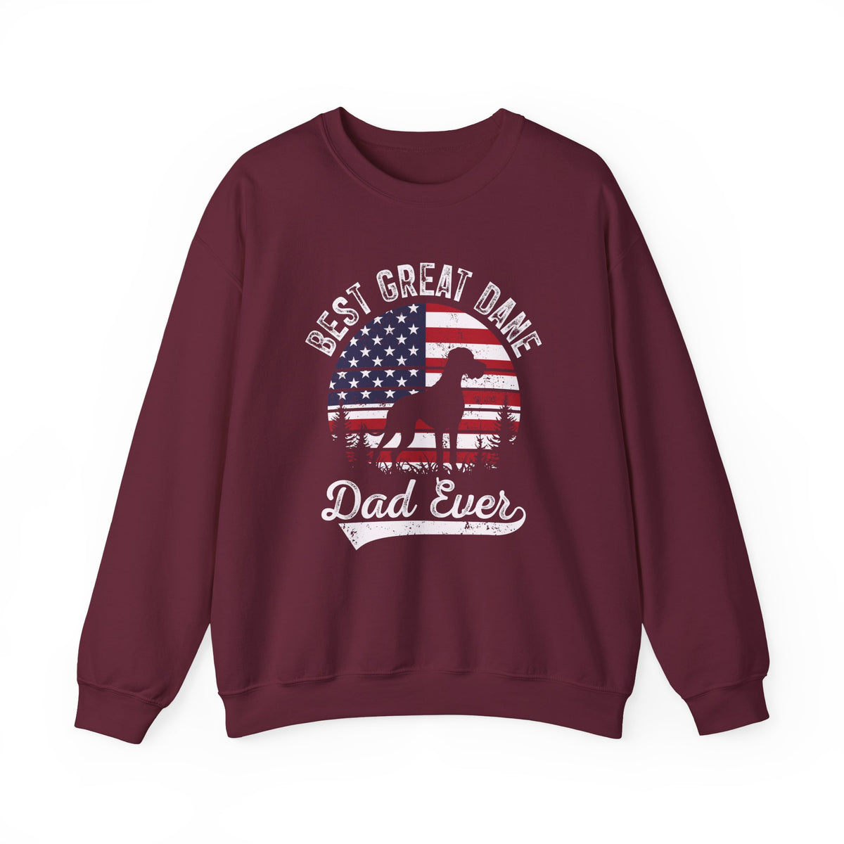 Maroon Best Great Dane Dad Ever sweatshirt with retro flag sunset and dog silhouette