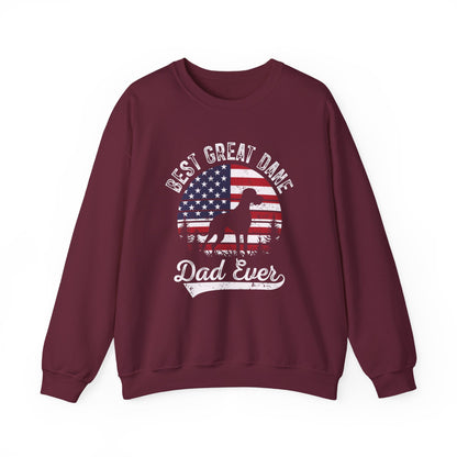 Maroon Best Great Dane Dad Ever sweatshirt with retro flag sunset and dog silhouette