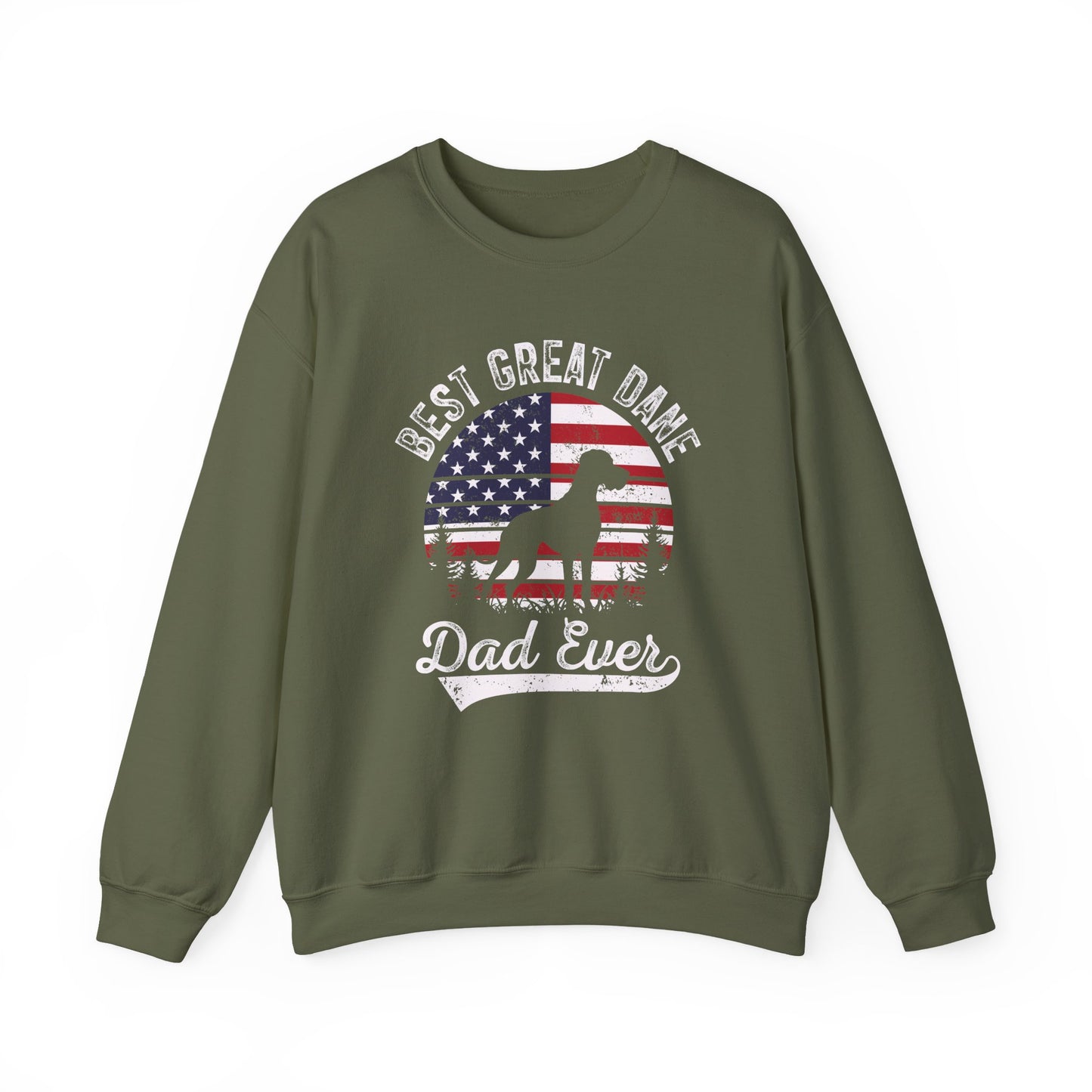 Military green Best Great Dane Dad Ever sweatshirt with retro flag sunset and dog silhouette