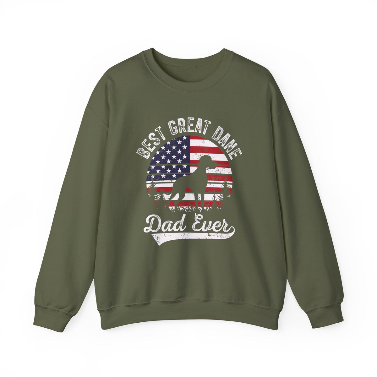 Military green Best Great Dane Dad Ever sweatshirt with retro flag sunset and dog silhouette