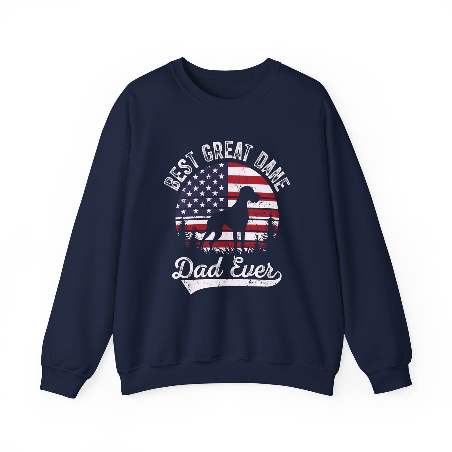 Navy Best Great Dane Dad Ever sweatshirt with retro flag sunset and dog silhouette