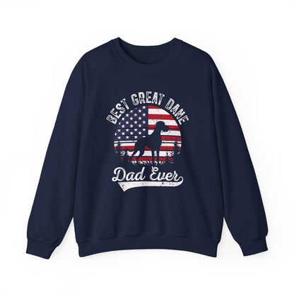 Navy Best Great Dane Dad Ever sweatshirt with retro flag sunset and dog silhouette