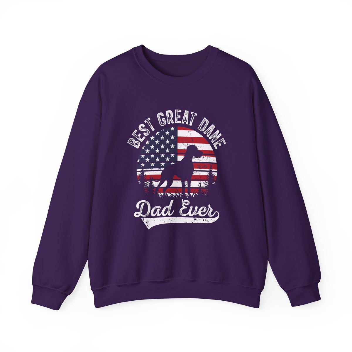 Purple Best Great Dane Dad Ever sweatshirt with retro flag sunset and dog silhouette