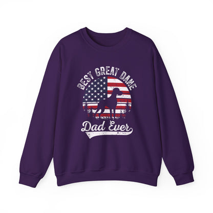 Purple Best Great Dane Dad Ever sweatshirt with retro flag sunset and dog silhouette