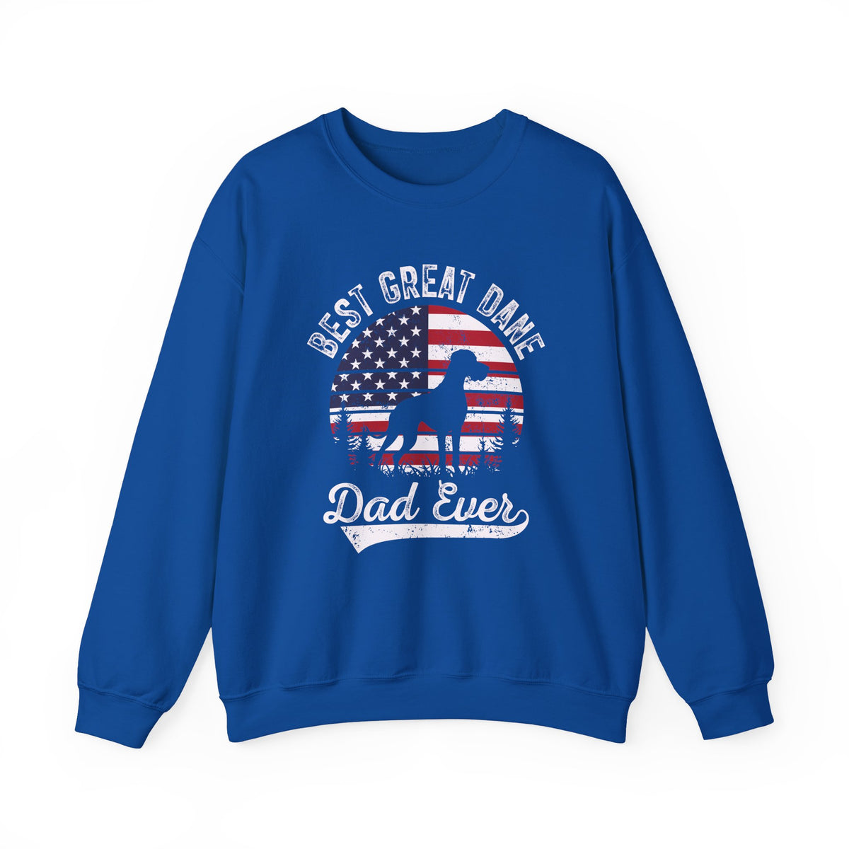 Royal blue Best Great Dane Dad Ever sweatshirt with retro flag sunset and dog silhouette