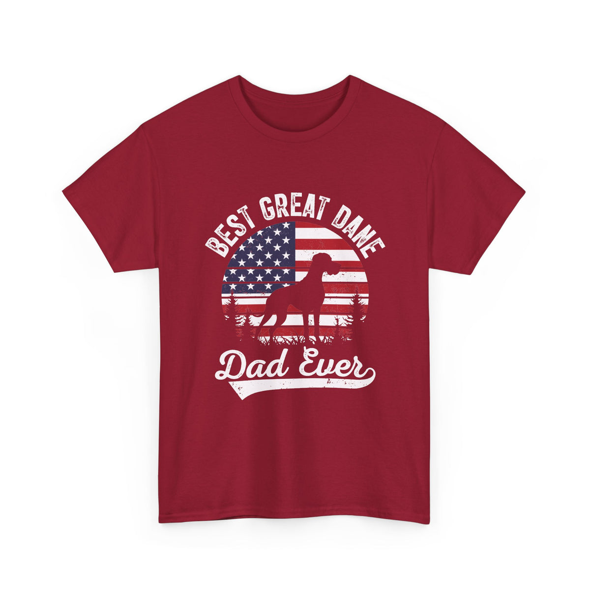 Cardinal red Best Great Dane Dad Ever t-shirt with retro flag sunset and dog silhouette