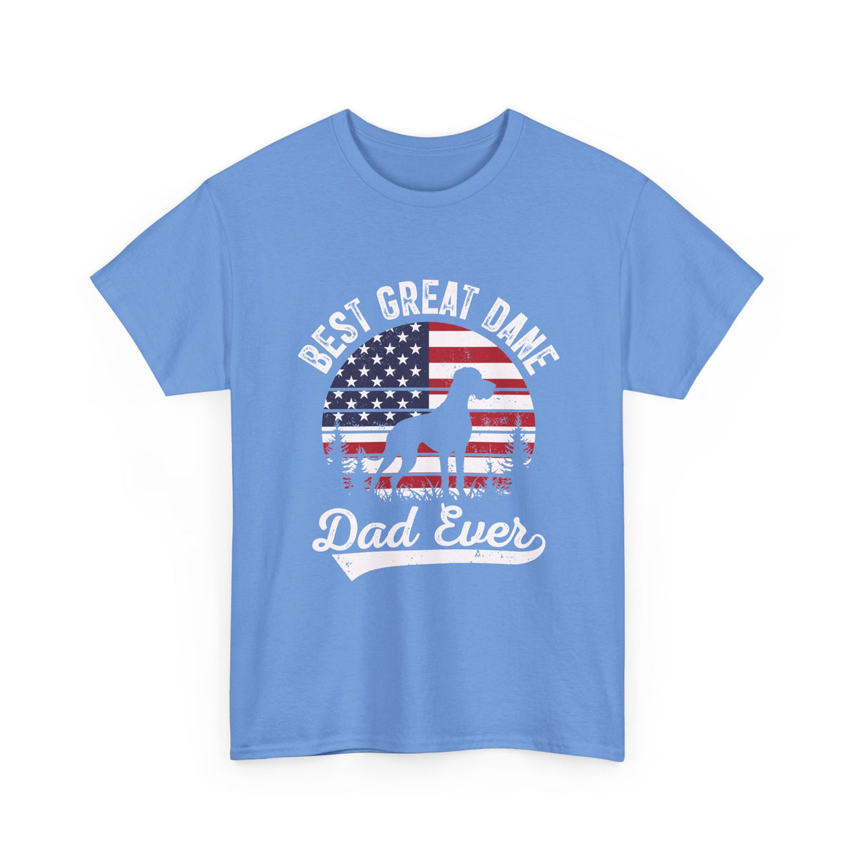 Carolina blue Best Great Dane Dad Ever t-shirt with retro flag sunset and dog silhouette