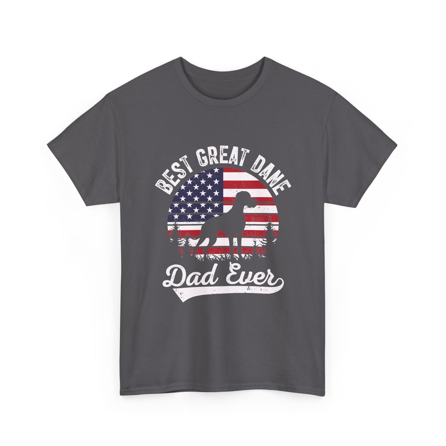 Charcoal Best Great Dane Dad Ever t-shirt with retro flag sunset and dog silhouette