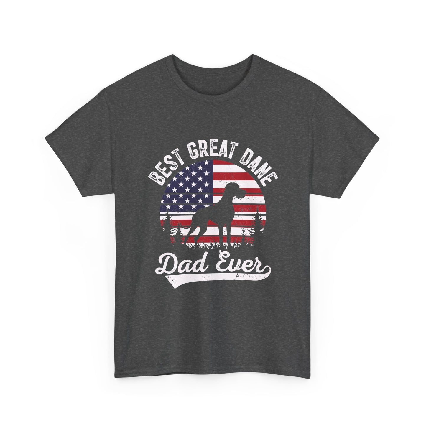 Dark heather Best Great Dane Dad Ever t-shirt with retro flag sunset and dog silhouette