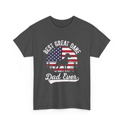Dark heather Best Great Dane Dad Ever t-shirt with retro flag sunset and dog silhouette