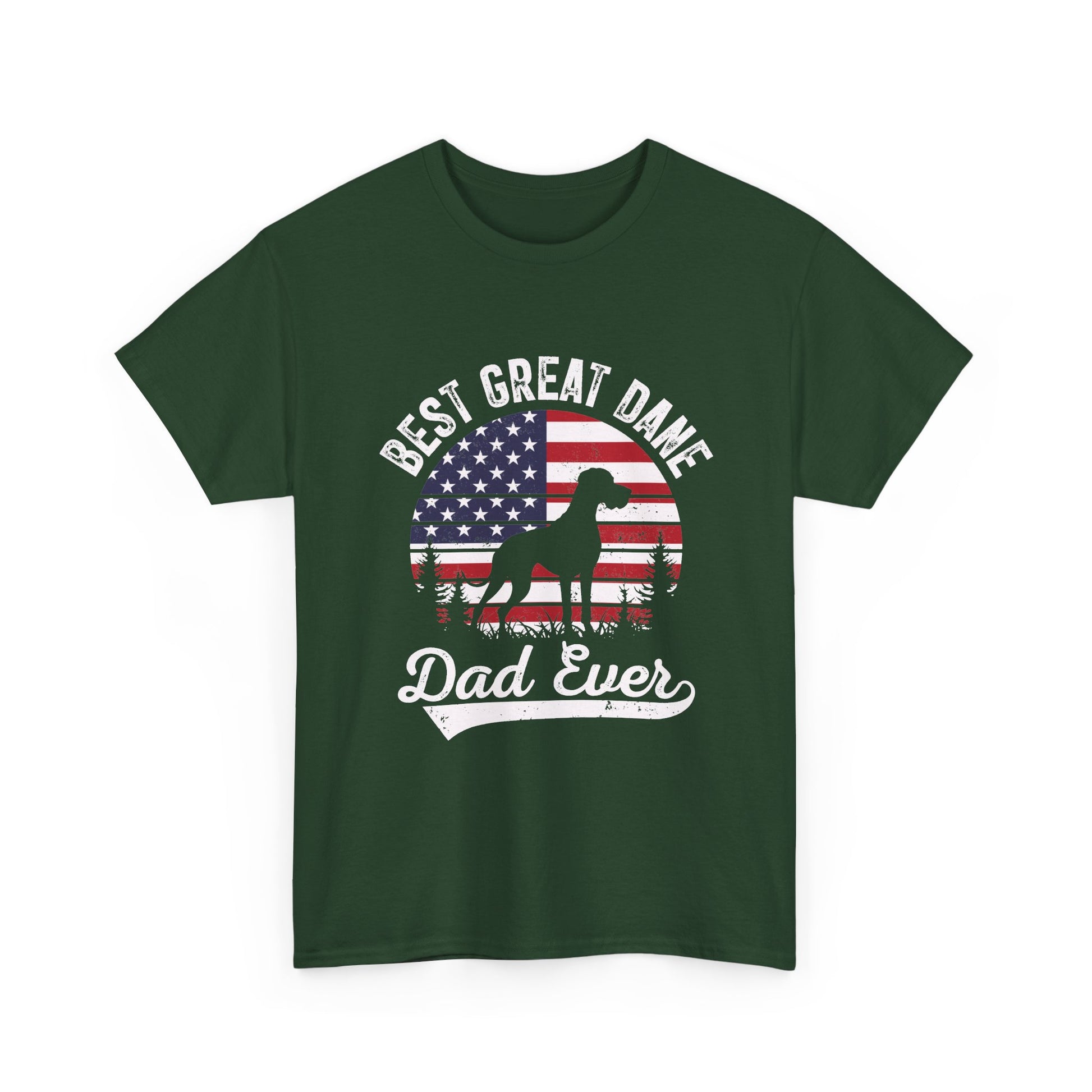 Forest green Best Great Dane Dad Ever t-shirt with retro flag sunset and dog silhouette