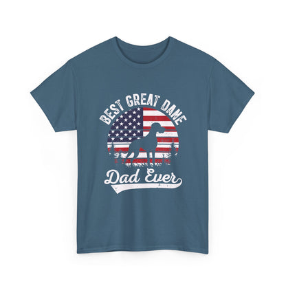 Indigo blue Best Great Dane Dad Ever t-shirt with retro flag sunset and dog silhouette