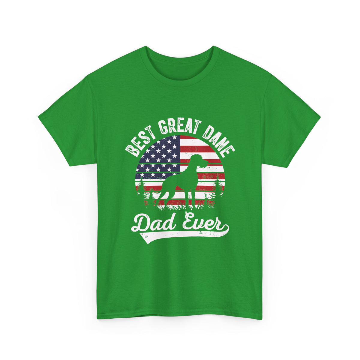 Irish green Best Great Dane Dad Ever t-shirt with retro American flag sunset and dog silhouette