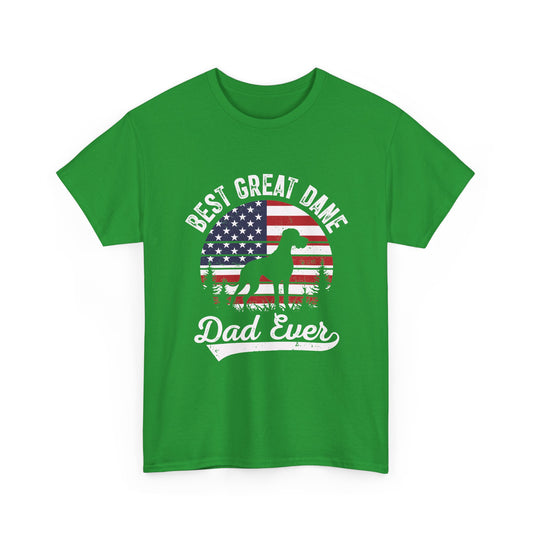 Irish green Best Great Dane Dad Ever t-shirt with retro American flag sunset and dog silhouette