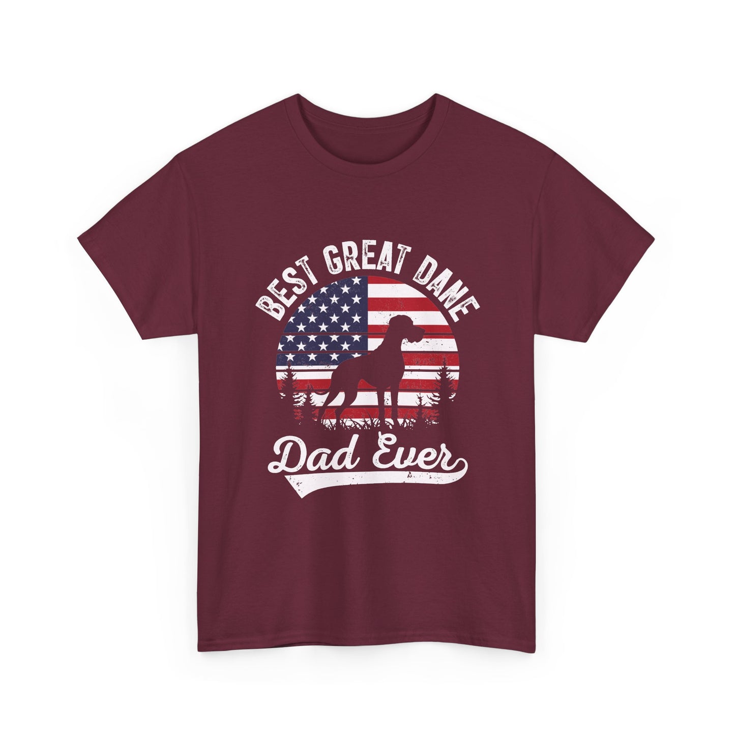 Maroon Best Great Dane Dad Ever t-shirt with retro flag sunset and dog silhouette