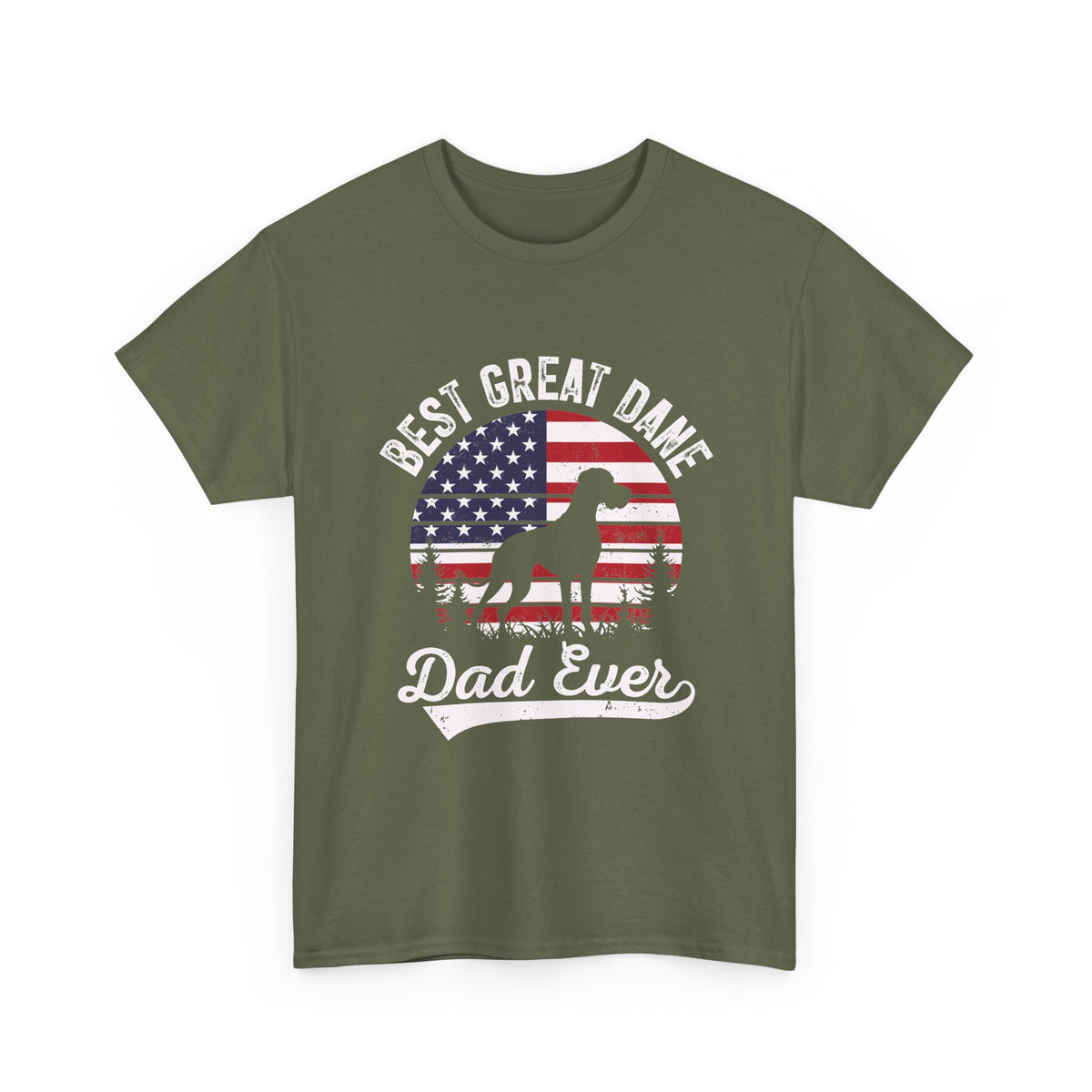 Military green Best Great Dane Dad Ever t-shirt with retro flag sunset and dog silhouette