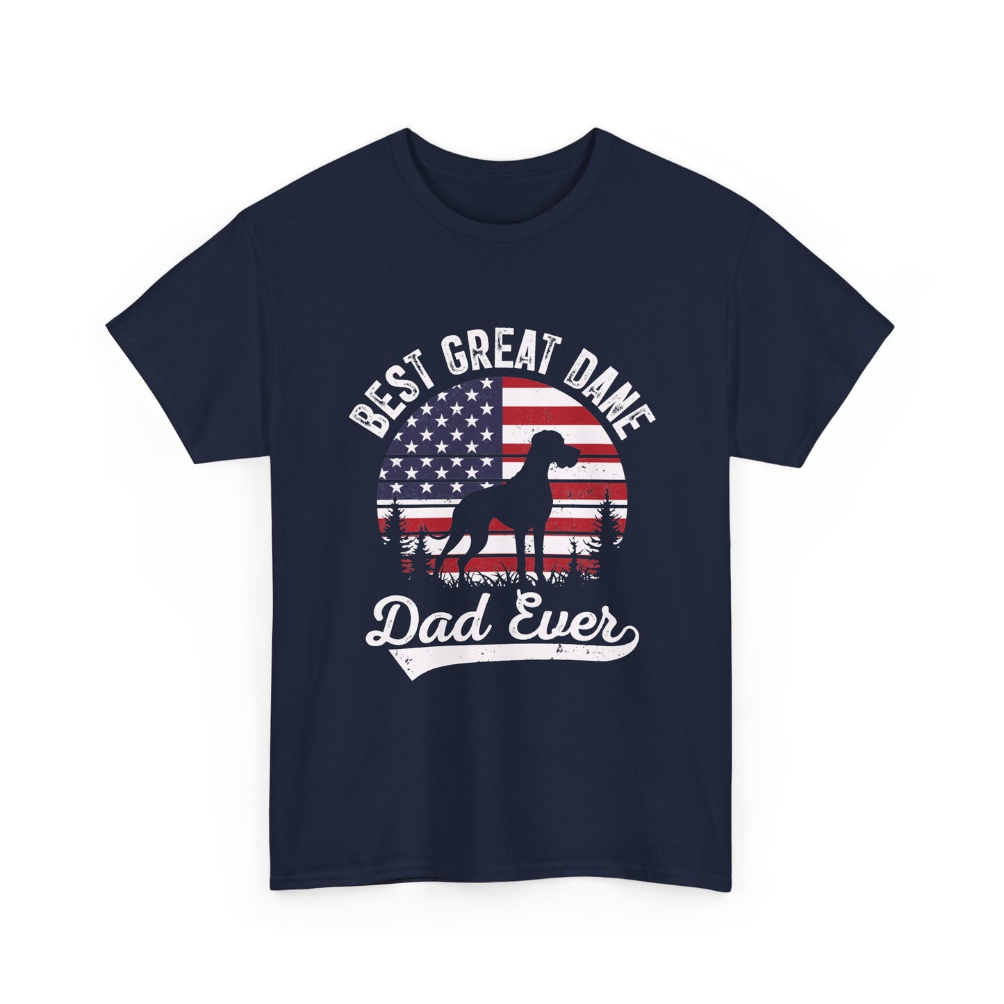 Navy Best Great Dane Dad Ever t-shirt with retro flag sunset and dog silhouette