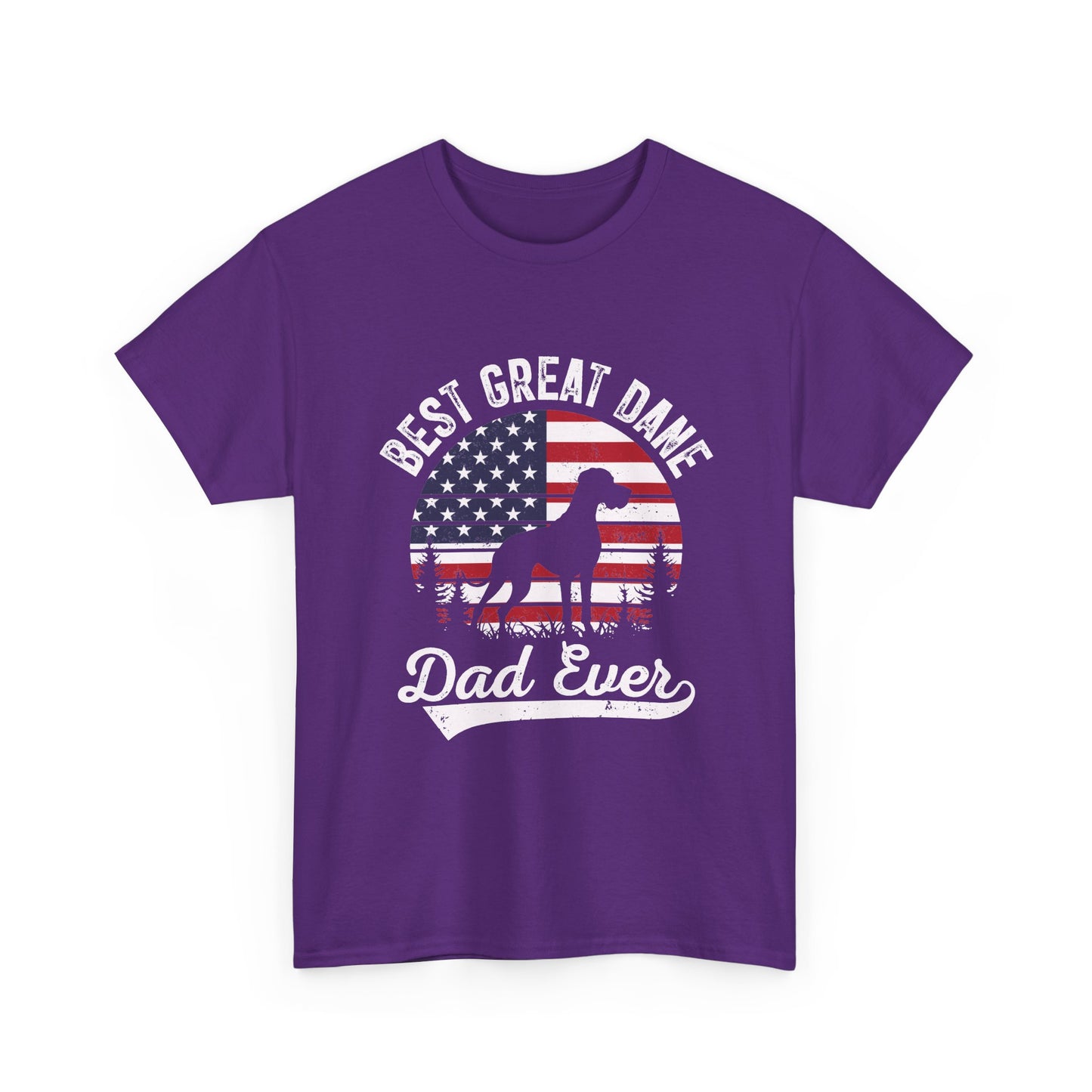 Purple Best Great Dane Dad Ever t-shirt with retro flag sunset and dog silhouette
