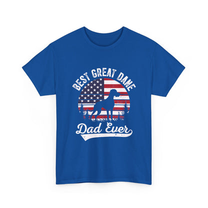 Royal blue Best Great Dane Dad Ever t-shirt with retro flag sunset and dog silhouette